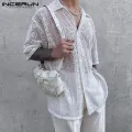 2023 Fashion Men Shirt Mesh Lace Transparent Streetwear Lapel Short Sleeve Button Camisas Party Sexy Men Clothing S-5XL INCERUN. 