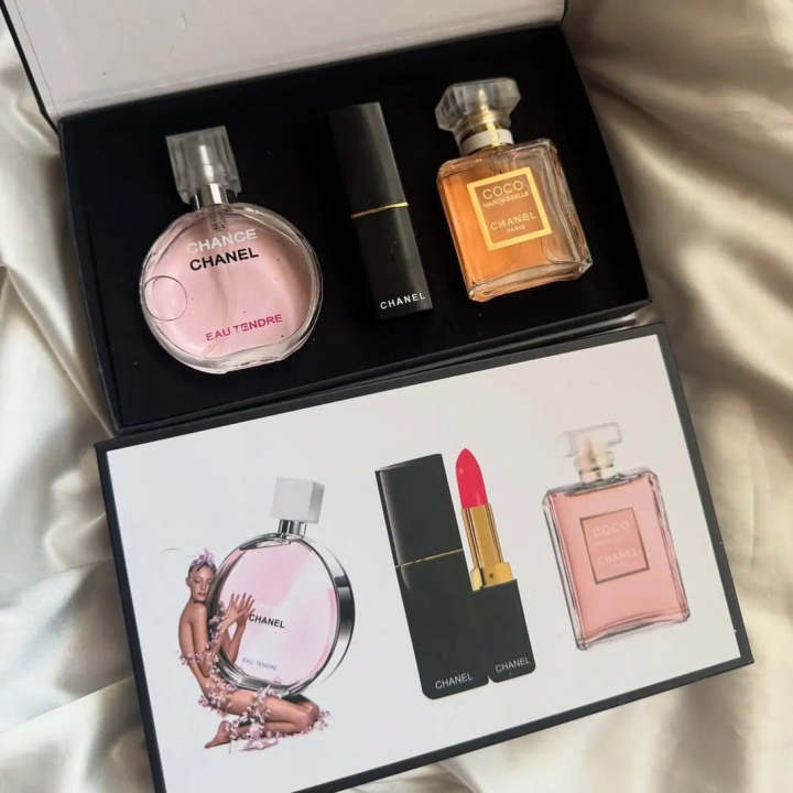 Gift set with 2 Chanel perfumes and matching lipstick for women