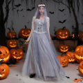 2025 Halloween Terror Costume Grey Skeleton Ghost Wedding Dress Cosplay Clothes Corpse Bride Dress Mesh Party Dress Supplies. 