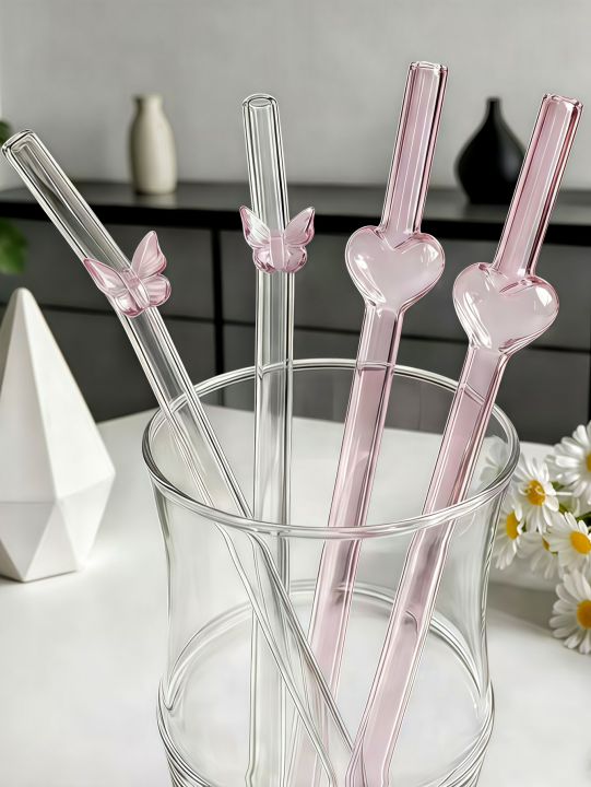 1/3/5pcs Reusable Heart & Butterfly Glass Straws, Valentine's Day Party Favors, Perfect for Cocktails, School Use,  Ideas