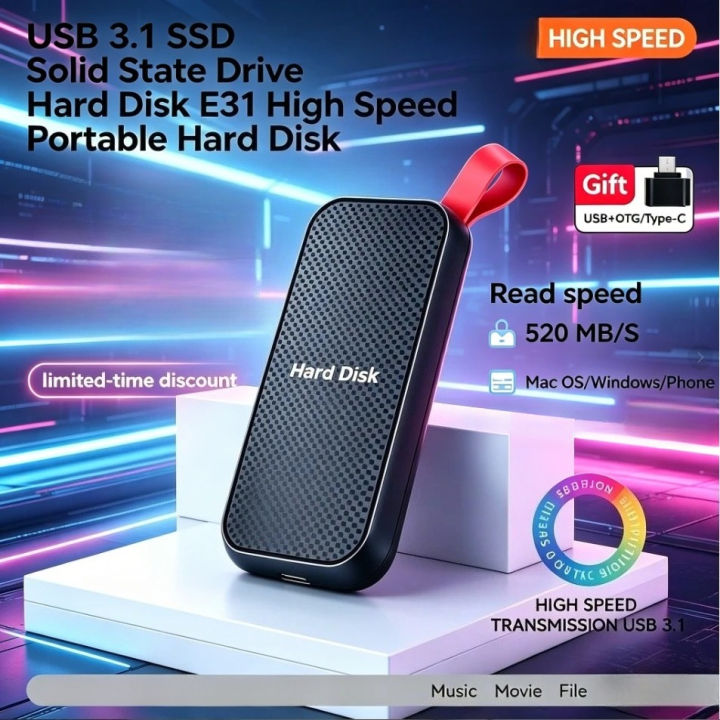 Original E31 1TB Mobile SSD USB 3.1 Type-C External Hard Drive Portable Storage for PS5 Gaming Phone Laptop PC Data Backup