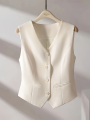 Vintage V-neck Suit Vest Elegant Women's Casual Single-breasted Sleeveless Jacket Fashion Slim Solid Color Vest Simple and Chic. 