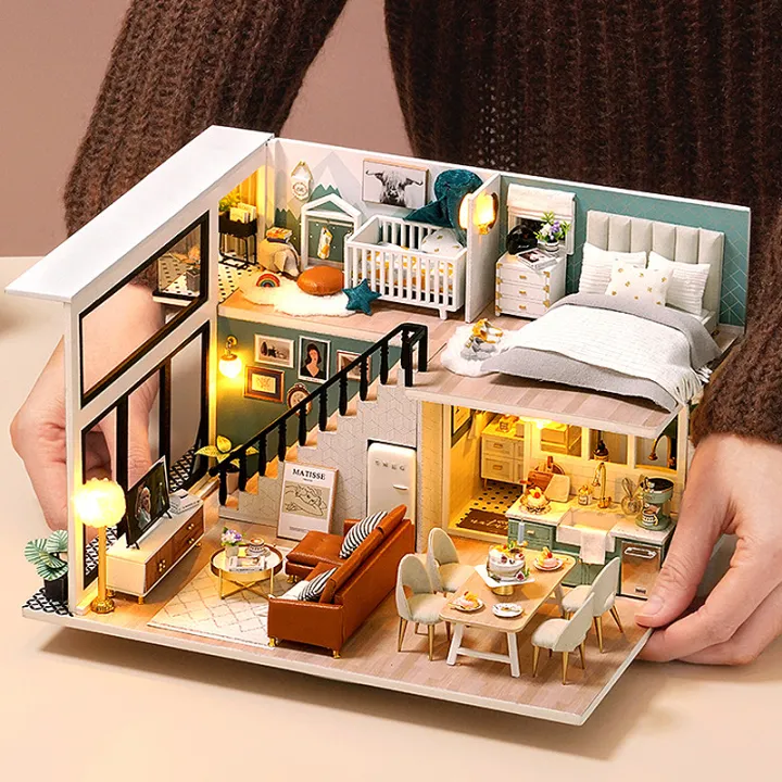 Wooden Mini Doll House DIY Handmade Duplex Apartment Production 3D ...