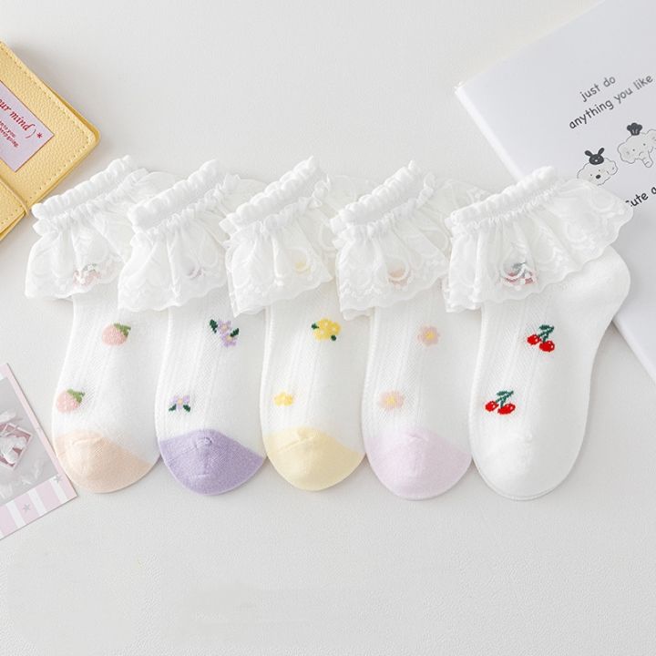 5Pairs/Set Children's Cotton Boneless Socks Princess Lace Ruffle Mesh Breathable Socks Kids Printed Dance Short Sock 1-15 Years