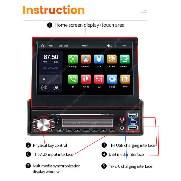 1Din%207"%20Auto%20Retractable%20Screen%20Car%20Multimedia%20Video%20Player%20Wireless%20CarPlay%20Android%20Auto%20Mirror%20link%20Built%20in%20AUX%20DAB%20Autoradio%20-%20Image%205