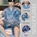 Large Size Men Pajamas Set Ice Silk Cartoon Bear Short-Sleeved Student Two-Piece Cardigan Lapel Smiley Letters 3xl Code Pajamas.