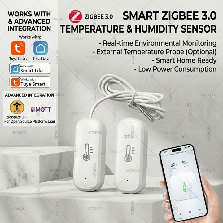 Tuya Zigbee Temperature Humidity Sensor External Temp Probe Smart Home Thermometer Hygrometer For Smart Life Home Assistant Z2M