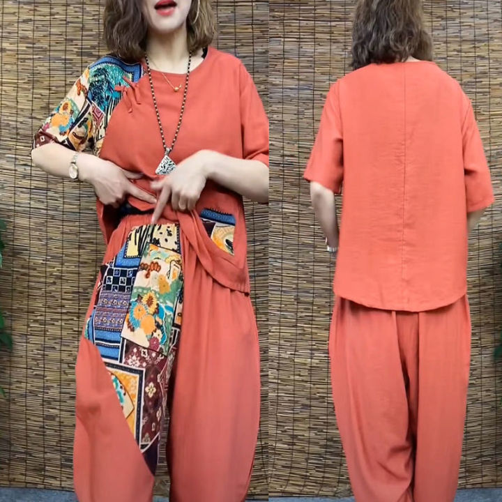 Women's%20Casual%20Suit%202024%20Summer%20New%20Slim%20Short%20Sleeve%20T-Shirt%20Top%20Harlan%20Cropped%20Pants%20Plus%20Fashion%20Cotton%20Linen%202%20Two%20Piece%20Set%20-%20Image%207