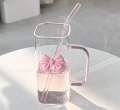 350ML Square Mug with Lids and Straws with Bow Water Cup Household Cup Female Milk Coffee Cups with Pink Handle Gift.