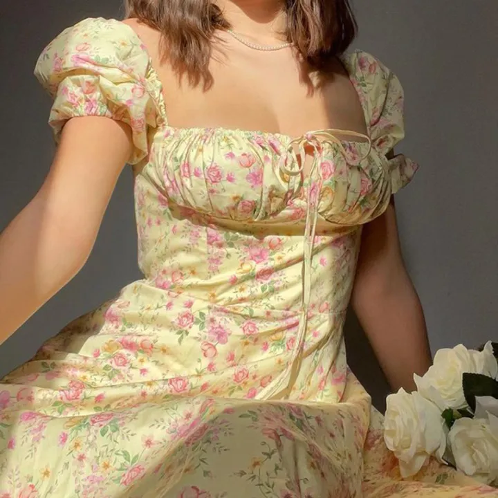Women%20Floral%20Print%20Split%20Dress%20Sweet%20Puff%20Short%20Sleeve%20Square%20Collar%20Slim%20Fit%20Maxi%20Dress%20Holiday%20Summer%20Casual%20%20A-Line%20Dress%20-%20Image%204