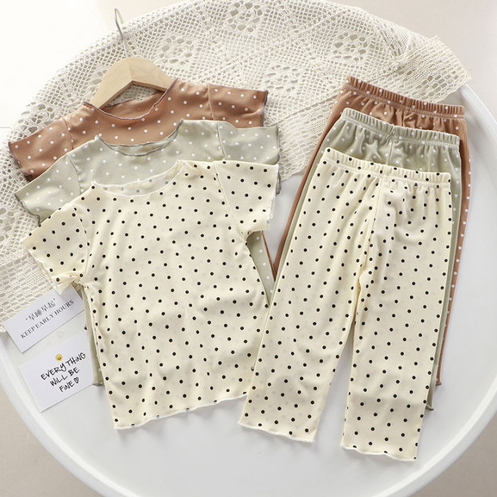Korean version of summer girls short-sleeved suit comfortable air conditioning suit baby girl ice silk polka dot home clothes