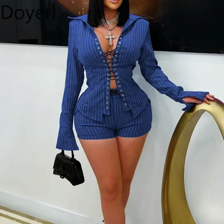 Doyerl%20Striped%20Night%20Club%20Outfits%20Women%20Two%20Piece%20Sets%20%20Y2K%20Lace-up%20Bandage%20Long%20Sleeve%20Shirt%20Top%20and%20Shorts%20Matching%20Sets%20-%20Image%202