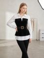 Gadinus Women Two Tone Peplum Belted Shirt Blouse Contrast Panel Long Sleeve Elegant Button Top.