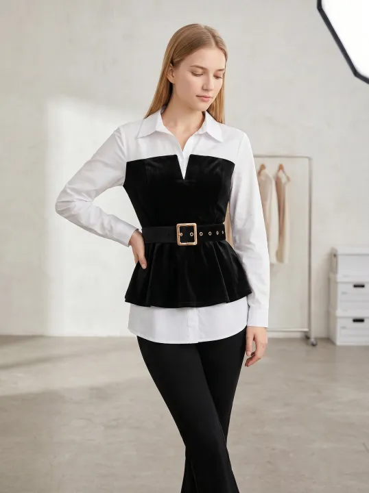 Gadinus%20Women%20Two%20Tone%20Peplum%20Belted%20Shirt%20Blouse%20Contrast%20Panel%20Long%20Sleeve%20Elegant%20Button%20Top%20-%20Image%203