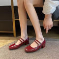 2025 New Women's Burgundy Patent Leather Mary Jane Pumps - Vintage-Inspired Double Gold Buckle Low Block Heel Dress Shoes.