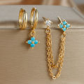3PCS New Fashion Four Zircon Flower Hoop Earring Set For Women Stainless Steel Double Stud Chain Piercing Jewelry. 