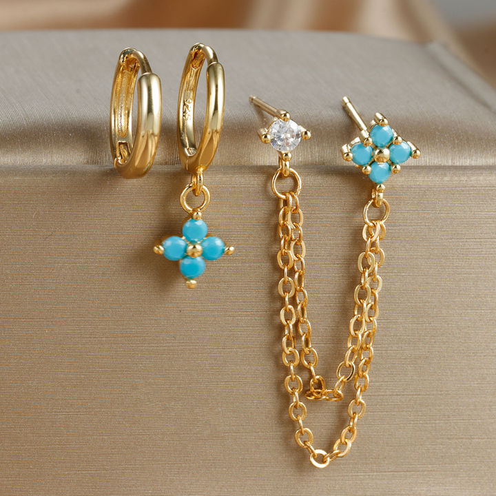 3PCS%20New%20Fashion%20Four%20Zircon%20Flower%20Hoop%20Earring%20Set%20For%20Women%20Stainless%20Steel%20Double%20Stud%20Chain%20Piercing%20Jewelry%20-%20Image%202