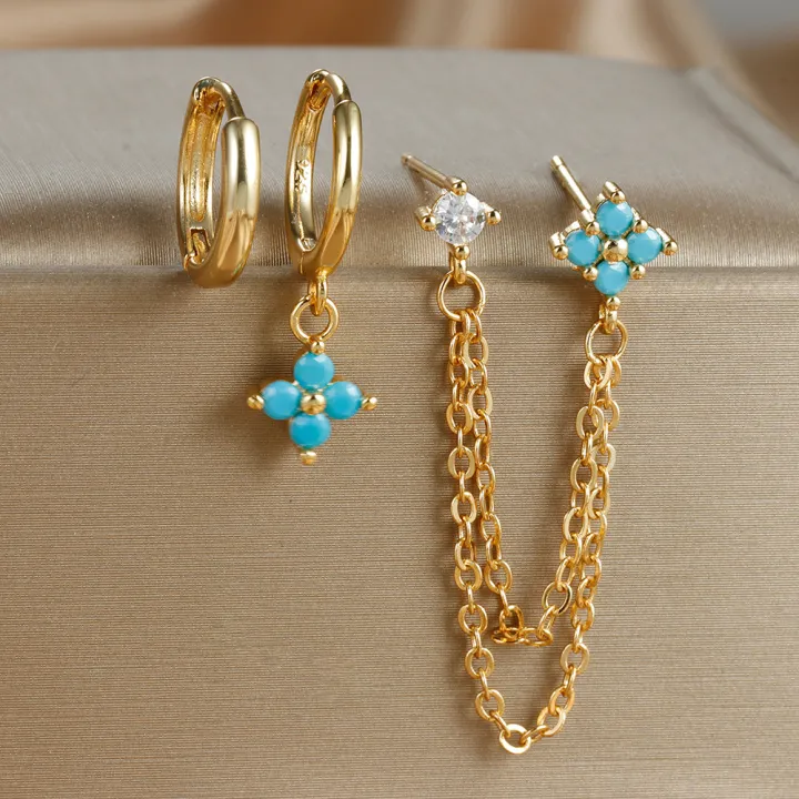 3PCS%20New%20Fashion%20Four%20Zircon%20Flower%20Hoop%20Earring%20Set%20For%20Women%20Stainless%20Steel%20Double%20Stud%20Chain%20Piercing%20Jewelry%20-%20Image%202