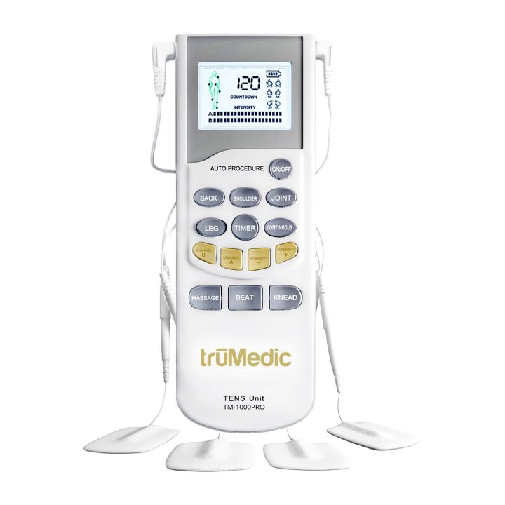 TruMedic TENS Electronic Pulse Unit & 4 Electrode Pads - For Muscle Stiffness, Soreness, Aches & Pains, Perfect for Relaxing Tight Muscles & Nerves for Electrotherapy Pain Management