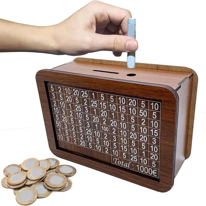 Euro Money Wood Box Piggy Bank Wood Money Bank Reusable Money Box with Saving Goal and Numbers Money Boxes Money Drawer