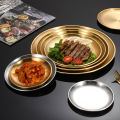 Korean Stainless Steel Disc Golden Cafe Tray Fruit Plate Cake Plate Bone Shallow Plate Snack Kitchen Home Outdoor Dinner Plate.