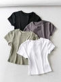 Summer Sexy Women O-neck Short-sleeve T-shirt Slim Elastic Skinny Crop Tops. 