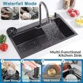 All In One Kitchen Sink 304 Grade Stainless Steel Multipurpose Multifunction 3 Mode Tap with Pullout Feature Cup Washer Single Bowl with RO water tab (27" x 18" x 9"). 
