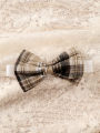 New Baby Girl Spring And Autumn Black Checkered Fake Two-piece Big Bow Headband Dress For Daily Outdoor Wear.