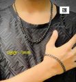 Silver/Black Figaro Chain and Brecelete 7mm for men Women Bracelet Necklace jewelry set for Gifts. 