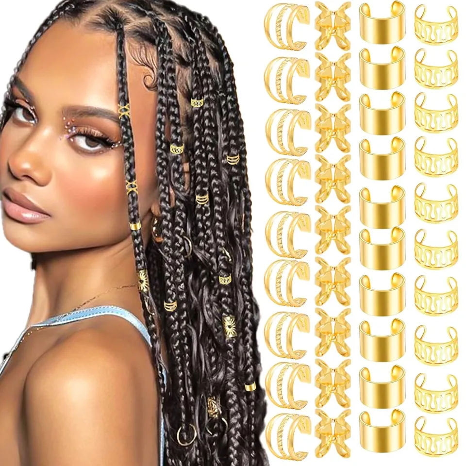40PCS Hair Jewelry for Braids Gold Hair Cuffs Multi Style Rings