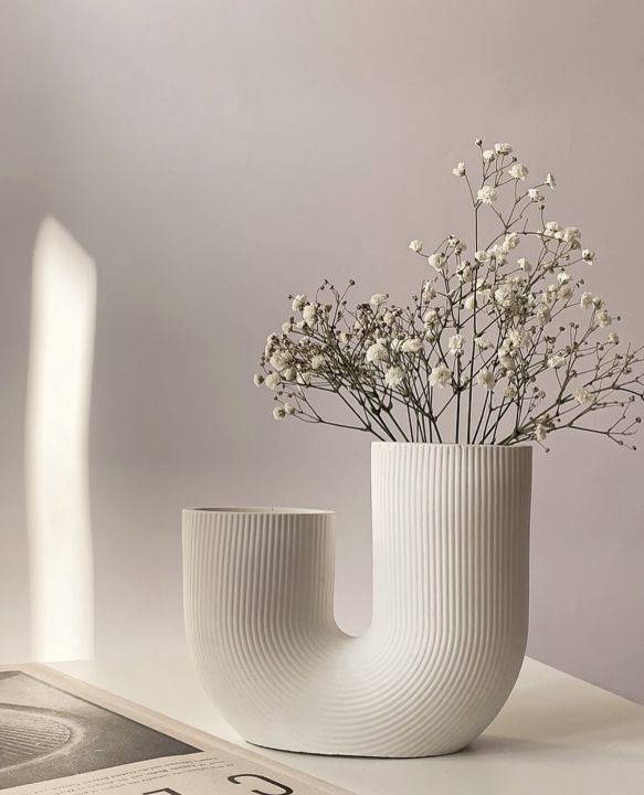 Boho U-Shaped Vase - Handmade Jesmonite Home Decor for Dry Flowers or Candle Holder