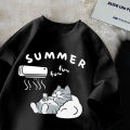 Summer Japanese Cartoon Cute Cat Funny Printed Short-sleeved T-shirt for Ladies and Boys Same Loose Casual Large-size Top.