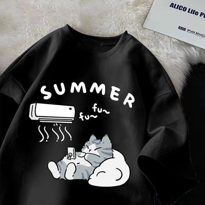 Summer%20Japanese%20Cartoon%20Cute%20Cat%20Funny%20Printed%20Short-sleeved%20T-shirt%20for%20Ladies%20and%20Boys%20Same%20Loose%20Casual%20Large-size%20Top%20-%20Image%202