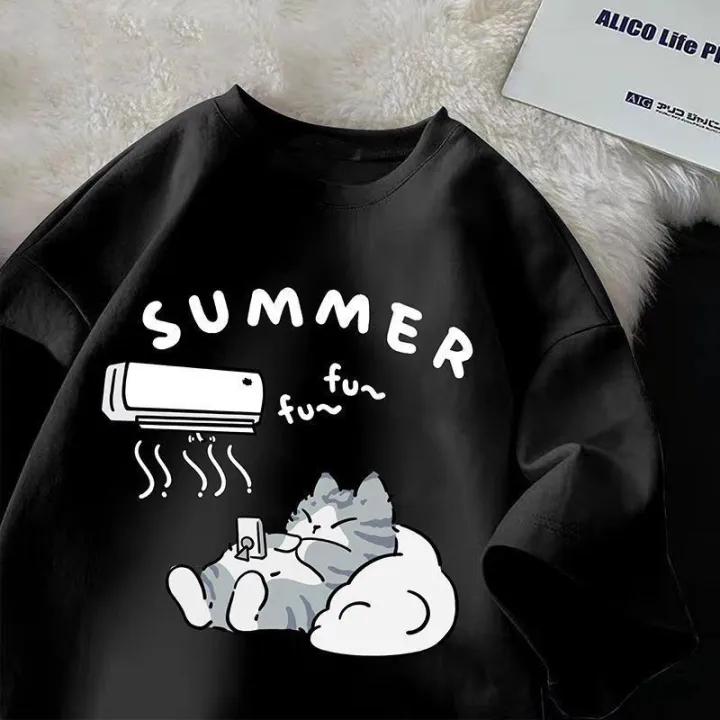 Summer%20Japanese%20Cartoon%20Cute%20Cat%20Funny%20Printed%20Short-sleeved%20T-shirt%20for%20Ladies%20and%20Boys%20Same%20Loose%20Casual%20Large-size%20Top%20-%20Image%202
