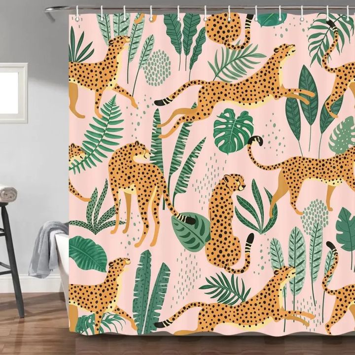leopard%20fabric%20shower%20curtain,%20tropical%20animal%20cheetah%20shower%20curtain%20for%20bathroom,%20pink%20with%20hook%20180X180CM%20-%20Image%204