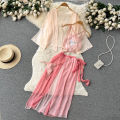 Chinese Transparent Vintage Embroidery Jacquard Halter Top Dressing Sleepwear Open Front Bindings Gauze Dress 4-Piece Set.