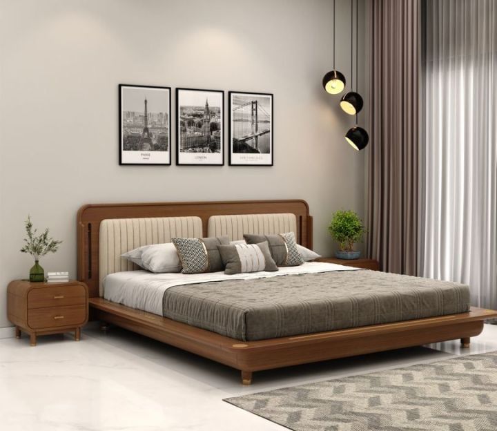 Lotus Premium Ash Wood Bed with Brass Inlay
(King Size, Teak Finish)