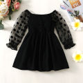 1-6 Year Baby Girl Fashion Off the Shoulder Black Mesh Long Sleeved Dress  for Spring&Autumn Party Photography Skirt Outfits. 