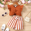 0-2 Year Old Baby Girl Summer Fashion Love Collar Ruffled Short Sleeved And Striped Shorts Two-piece Set. 