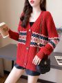 New Oversize Cardigan Women Korean Fashion Geometric V-Neck Ladies Knitted Sweater Thick Female Coat Winter Cardigans for Women 2023. 