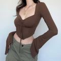 Sexy Vintage Crop Tshirts Long Sleeve Slim T Shirt 2024 Autumn New Korean Style Chic Sweet Y2K Aesthetic Streetwear Female Tee. 