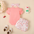 3PCS Baby Girl Clothes Outfits for 0-18 Months Ruffled Sleeve Lovely Rabbit Bodysuit+Flower Shorts+Headband Summer Casual Wear. 