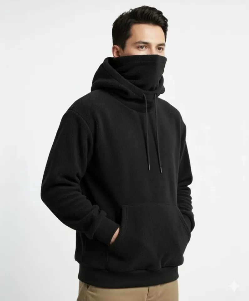 Men's Polar Fleece Ninja Mask Hoodie High Neck cover- Built-In
