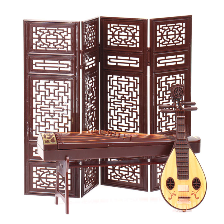 Creative Dollhouse Miniature Folding Screen Flute Lute Guzheng Fan Life Scene Ornament Kids Play Toys