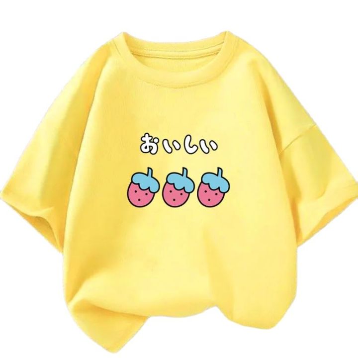 Girls Strawberry Print Short Sleeved T Shirt Summer Kids Cotton Loose T-shirts Harajuku Kawaii Doughnut Tops