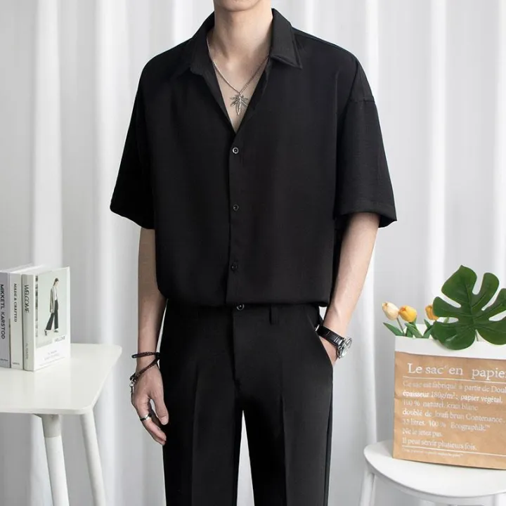 Jane%20Women's%20Fashion%20Shirts%20Korean%20Shirts%20Summer%20Ice%20Silk%20Shirt,%202-Piece%20Set,%20Men's%20Short%20Sleeve%20+%20Suit%20Pants%20Loose%20Black%20Shirt,%20Short%20Sleeves,%20Solid%20Color,%20Trendy%20Casual%20Suit%20Shirt.%20-%20Image%205