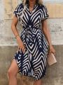 2024 Summer New Fashion Clothing Women's Elegant And Casual V-neck Short Sleeved Stripe Belt Comfortable Dress. 