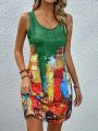 Large size European and American women's top vest printed sleeveless V-neck shirt casual fashion dress. 