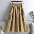 Khaki Solid Casual Elastic High Waist A-line Lace Up Women's Skirt Korean Fashion Mid-Calf Long Skirts For Women 2024 Spring. 