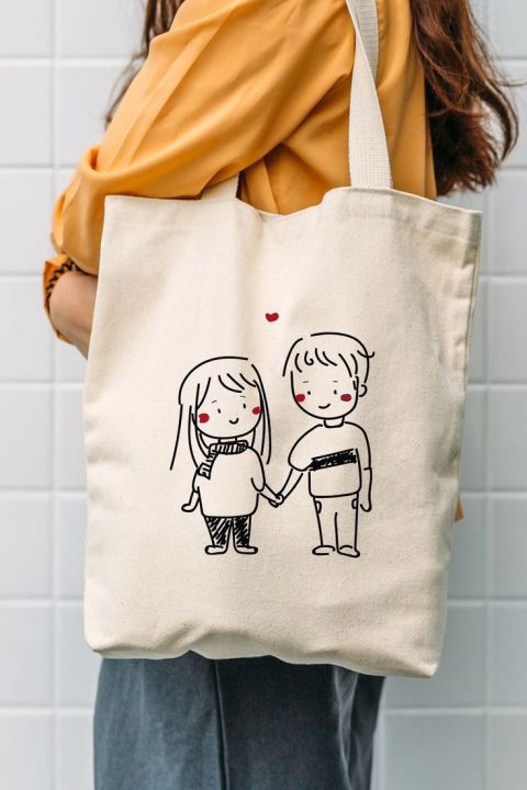 cute couple handpaint canvas tote bag